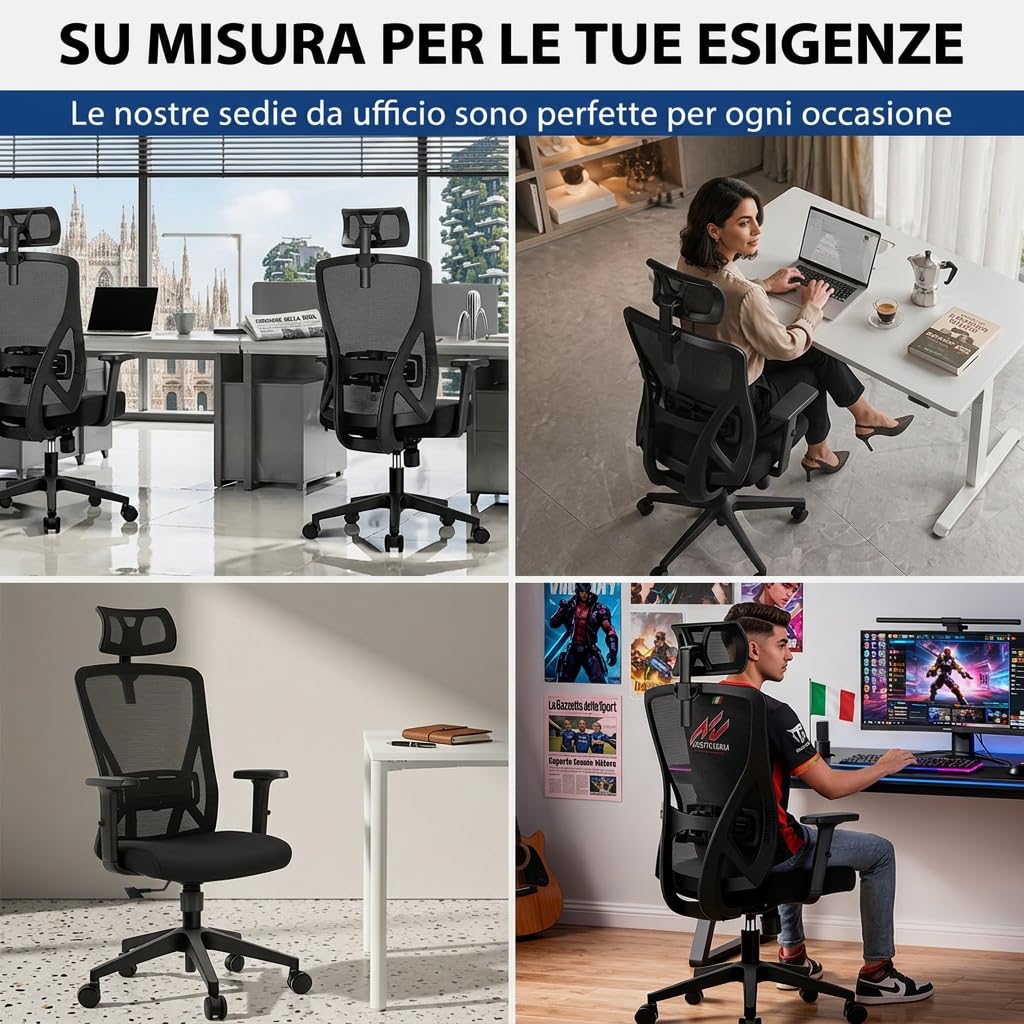 Sedia Ufficio Ergonomica con Poggiatesta 2D, Sedia da Scrivania Supporto Lombare Regolabile, Schienale in Rete Traspirante, Seduta Imbottita, Funzione Basculante 90°-130°, Nera