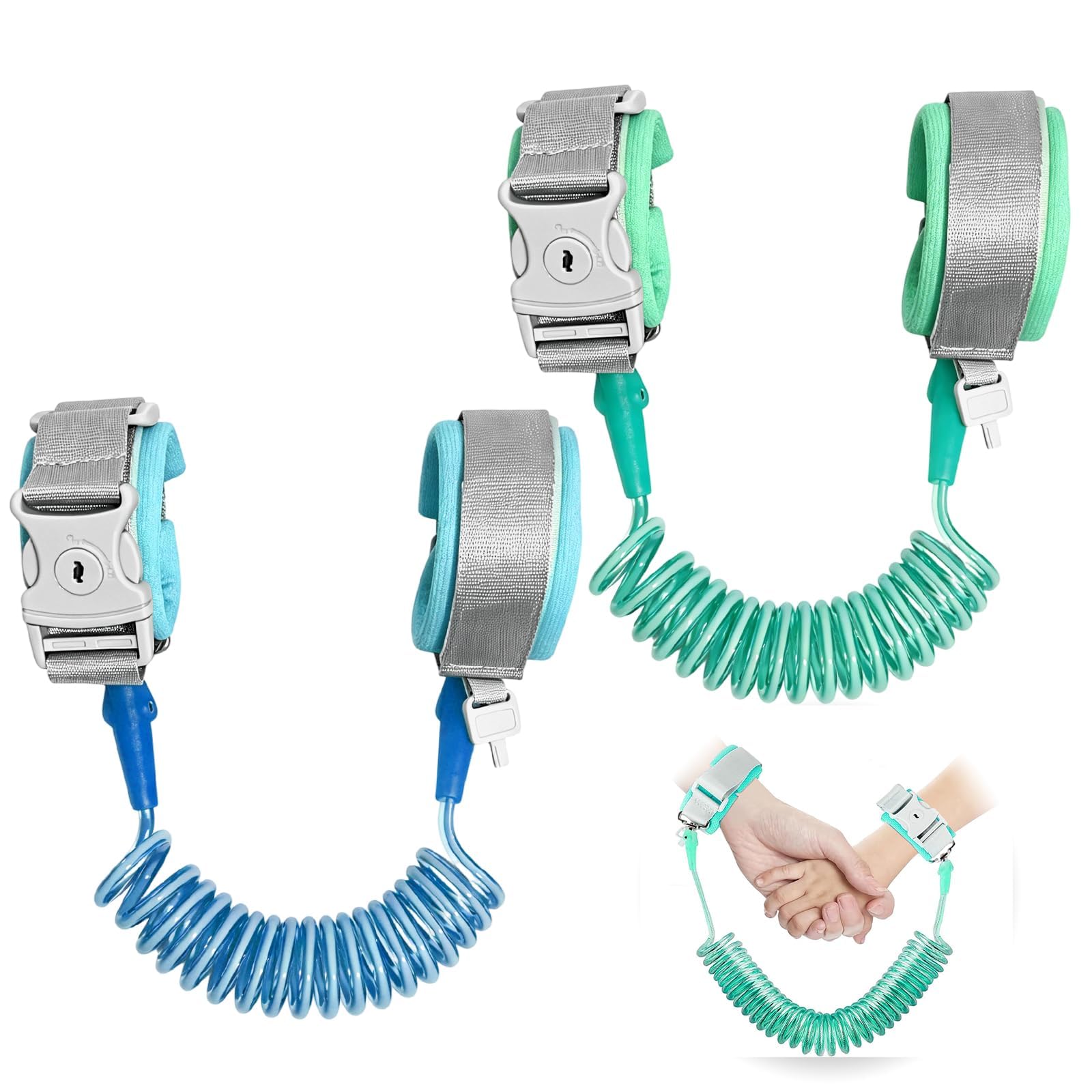 2 PCS Toddler Wrist Strap for Walking, Wrist Reins for Toddlers, 1.5M Rope Blue and Green with Lock and Metal Swivel Head, for Kids Outdoor Travel Daily Walking Shopping Park Visits