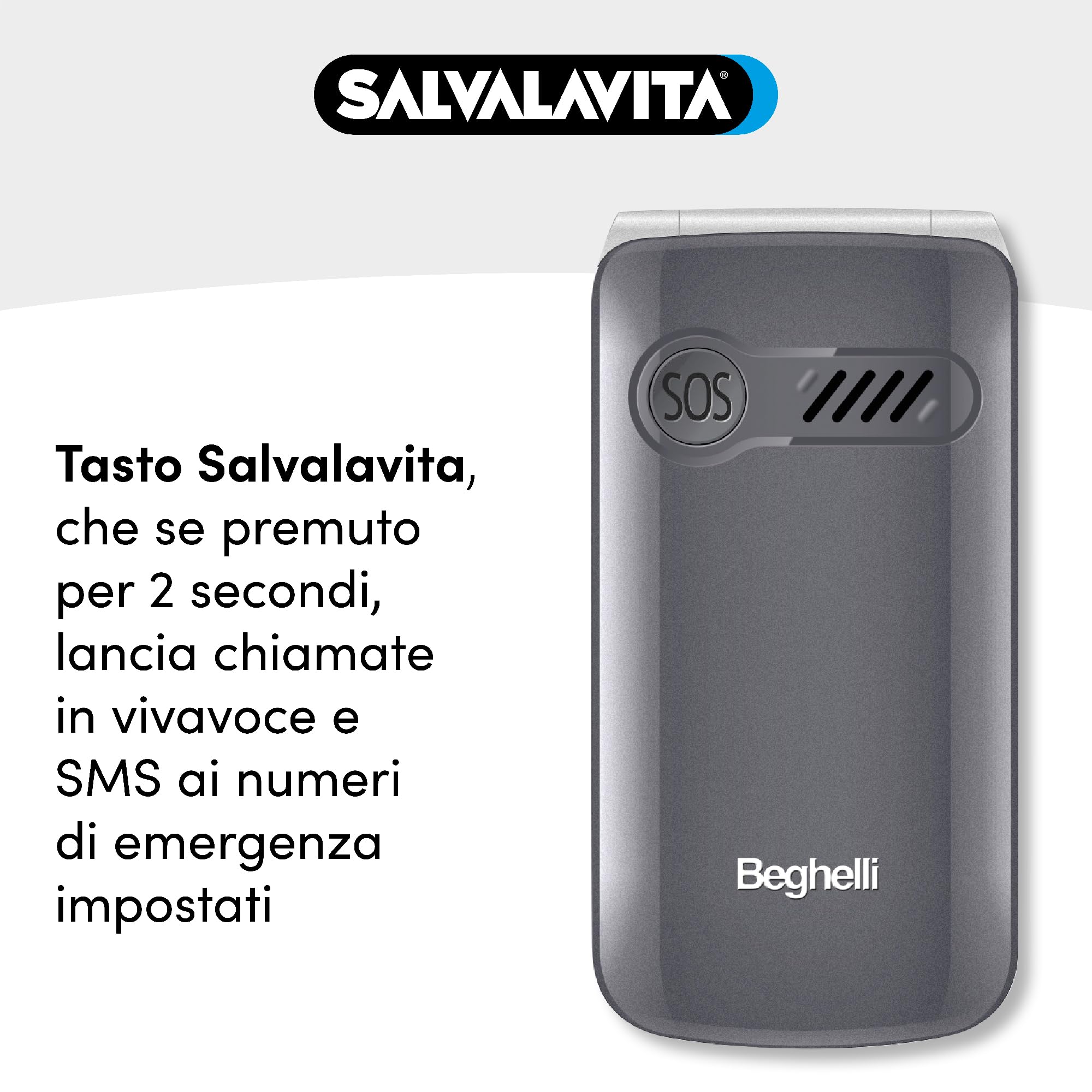 Beghelli Telefono Salvavita per Anziani, Salvalavita Phone SLV18N ECO - Cellulare GSM per Anziani, Tasto SOS, Tasti Grandi Retroilluminati, Vivavoce, Fotocamera, Torcia, Radio (Colore Grigio)