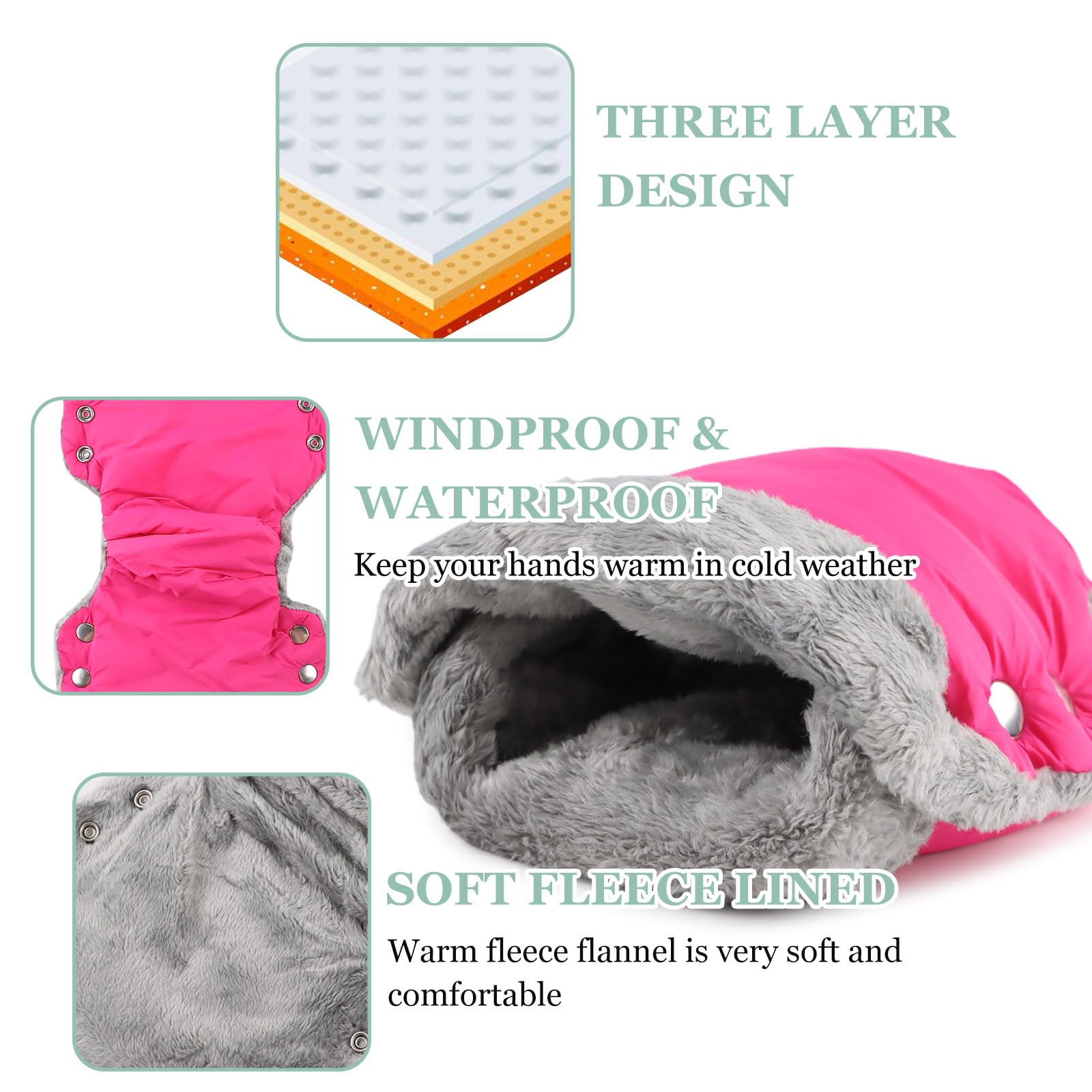 Stroller Hand Muff Windproof Anti-Freeze Pram Hand Warmer Warm Baby Stroller Gloves Pushchair Mittens (Rose Red) - Image 3