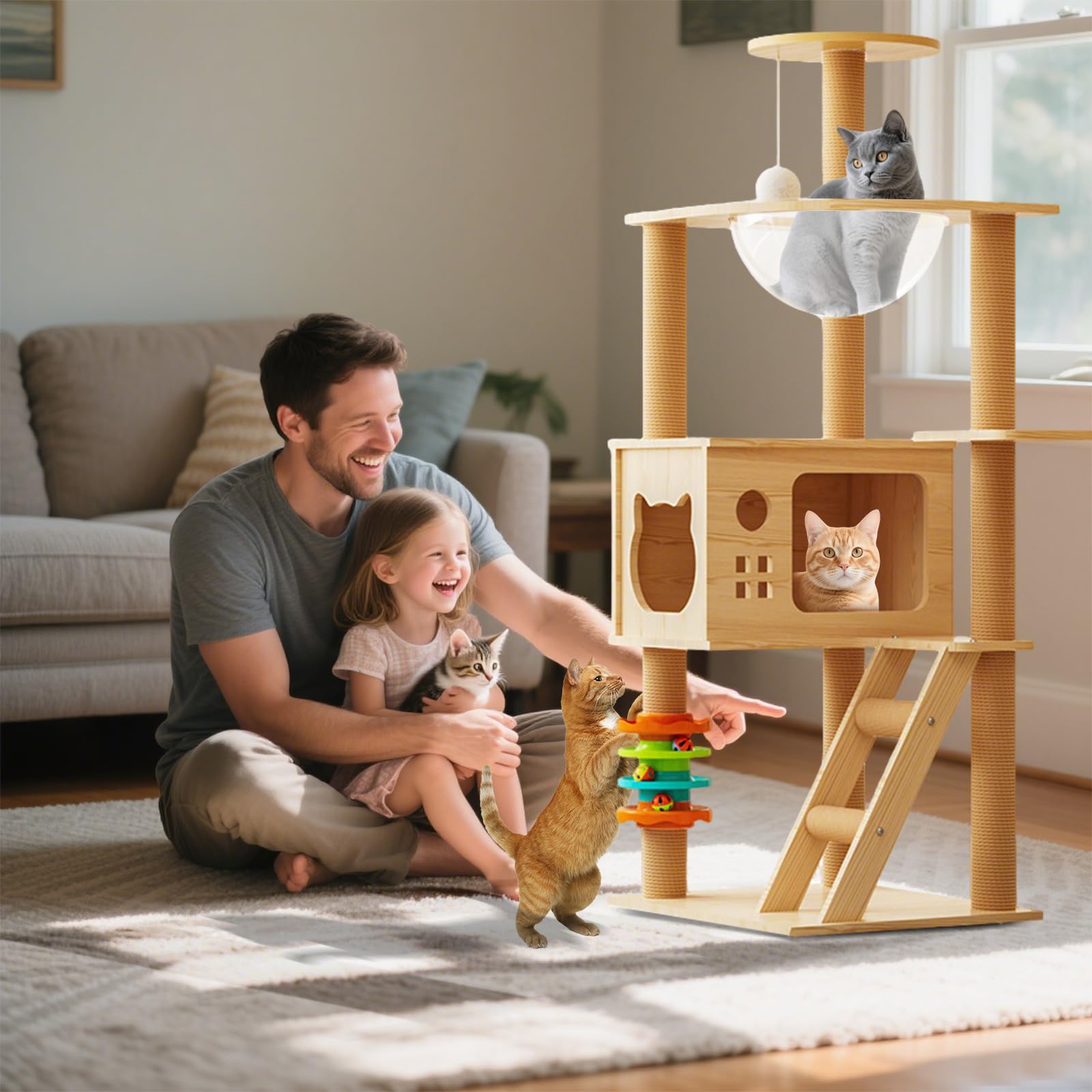 PETCUTE Torre per Gatti da Interni, Moderno,A Più Piani,Albero Tiragraffi in Legno per Gatti con Albero in Sisal, Capsula Spaziale,Piattaforma di Osservazione,Grotta,Pallina Giocattolo