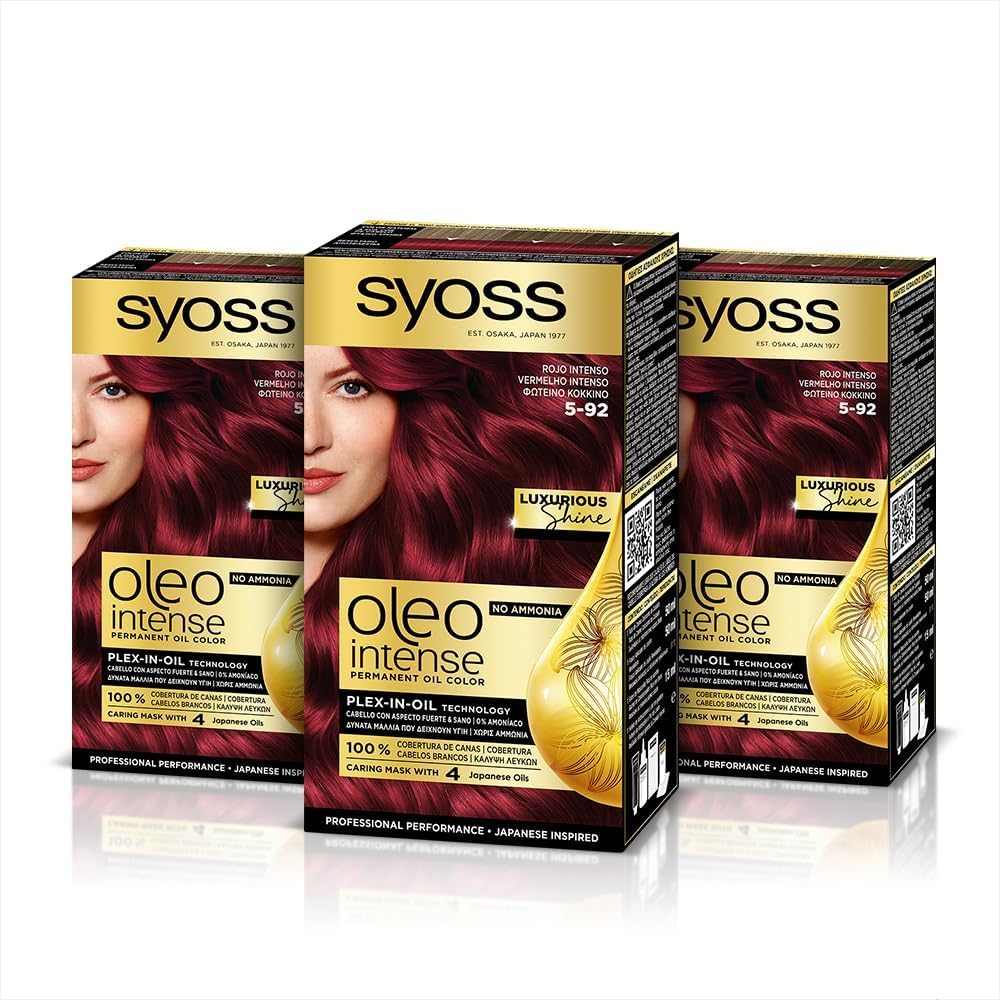 Syoss Oleo Intense - Tinte 5-92 Rojo Intenso – Coloración permanente Sin Amoníaco – Cobertura profesional de canas – Resultados de peluquería (Pack De 3)