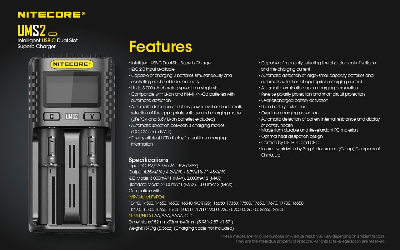 Nitecore UMS2 Intelligent USB Dual-Slot Quick Battery Charger for Li-Ion/Ni-MH/Ni-Cd/IMR 16340 14500 18650 21700 20700 AA AAA and More Batteries, with LumenTac QC3.0 Charging Adapter
