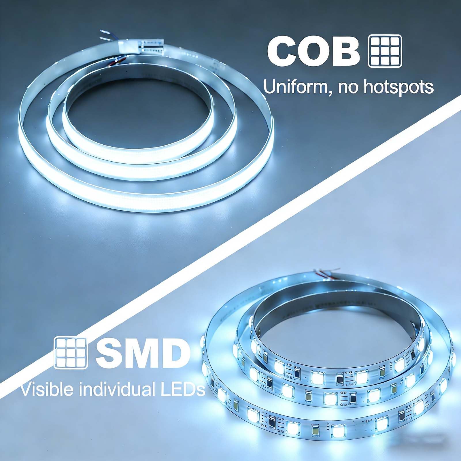 Tira LED 24V COB Blanco Frío 6000K Impermeable, 5M Autoadhesivo Cortable, CRI>90 480LED/M Ancho 10mm, Tiras de Luces Neon para Dormitorio Sala Gabinete Estar (Sin Fuente de Alimentación)