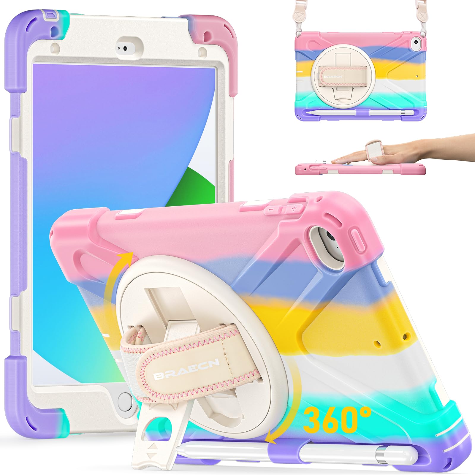 BRAECN iPad mini 5 Case,iPad mini 4 Case, Heavy Duty Shockproof Protective Rugged Case with Pencil Holder,Hand Strap,Kickstand, Shoulder Strap for