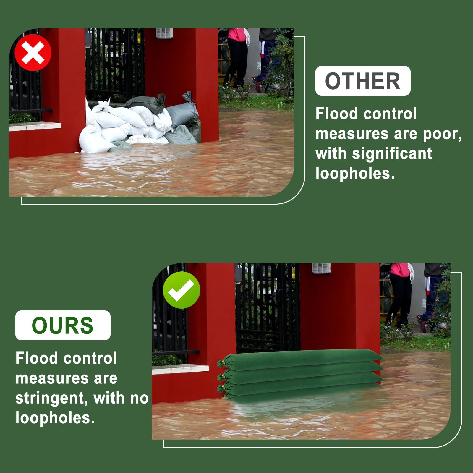 POFIBO Barrera Anti Inundaciones, 5 Sacos de Arena de Lona Gruesa Reutilizables, Apto para Garajes, Puertas, Sótanos, Ventanas, Anti Inundaciones (215 x 19 cm, Verde)