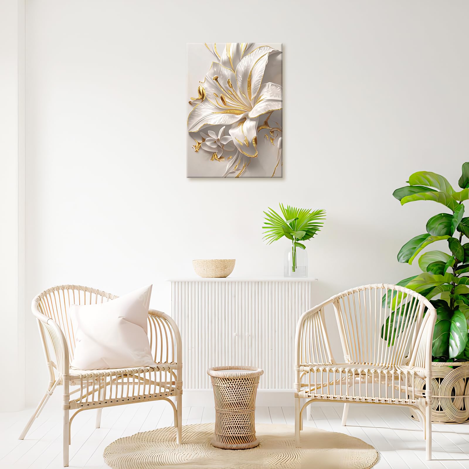 WENGTIAO White Gold Lilies Flowers Canvas Wall Art Prints Framed Pictures Minimalist Beige Floral Painting on Canvas Living Room Bedroom Home Wall Decor 30x40cm - Image 3