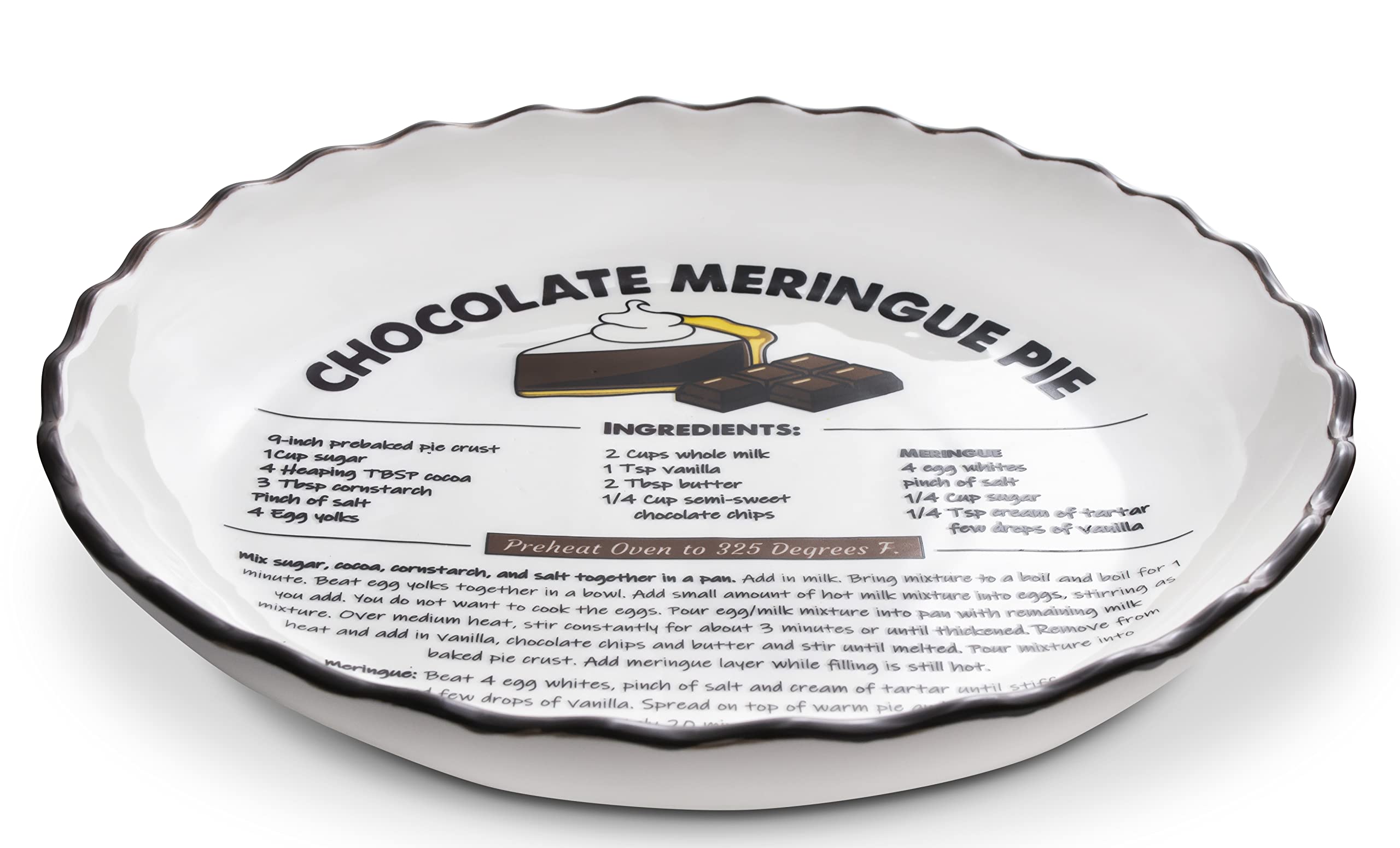 Eternal Living 10.5” Ceramic Pie Pans for Baking with Recipe Round Deep Dish Baking Pie Pan, Chocolate Meringue Pie