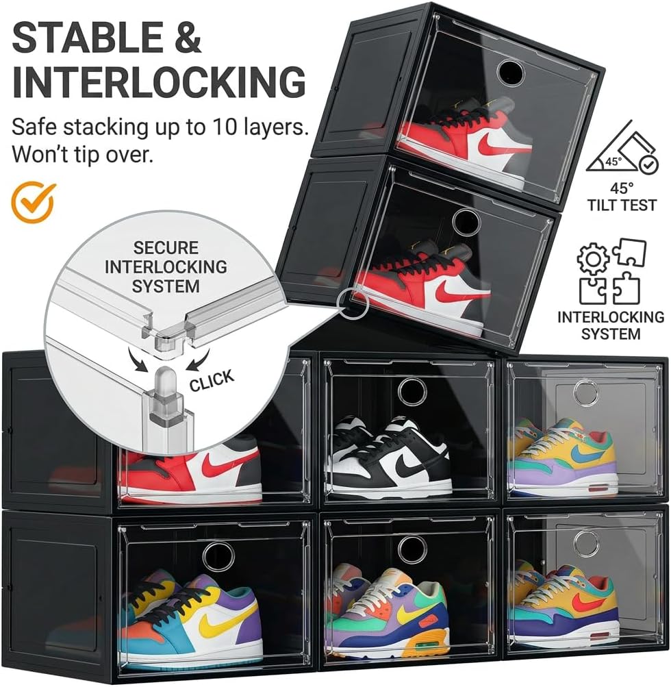 Large Shoe Boxes Clear Plastic Stackable, 8 Pack Drop Side Shoe Storage Organizer with Magnetic Door, Shoe Container Sneaker Storage Display Case Fit up to US Size 13 Black