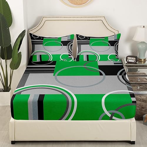 Vista 21 de Juego de sábanas modernas de tamaño Queen, color amarillo, gris y negro, juego de sábanas geométricas a rayas para niños, niñas, niños y Multi 039