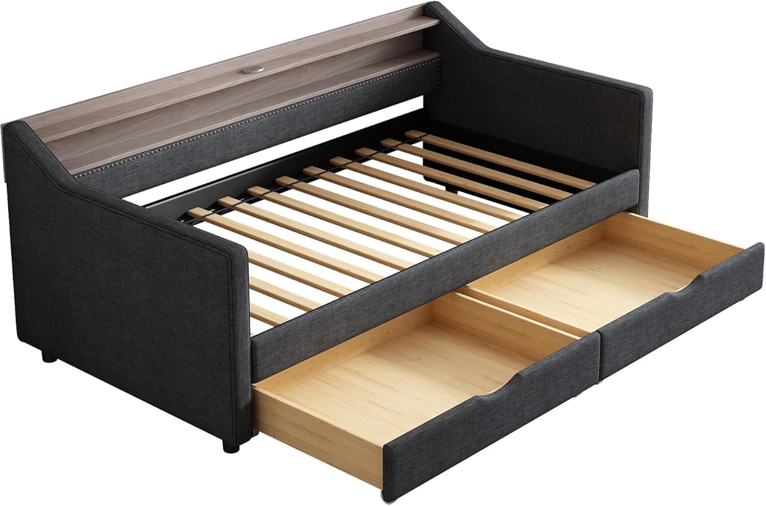 Upholstered Daybed with Two Drawers and 2-Tier Storage Shelf, Twin Size Day Bed with USB & LED Light for Bedroom Apartment, Dark Grey