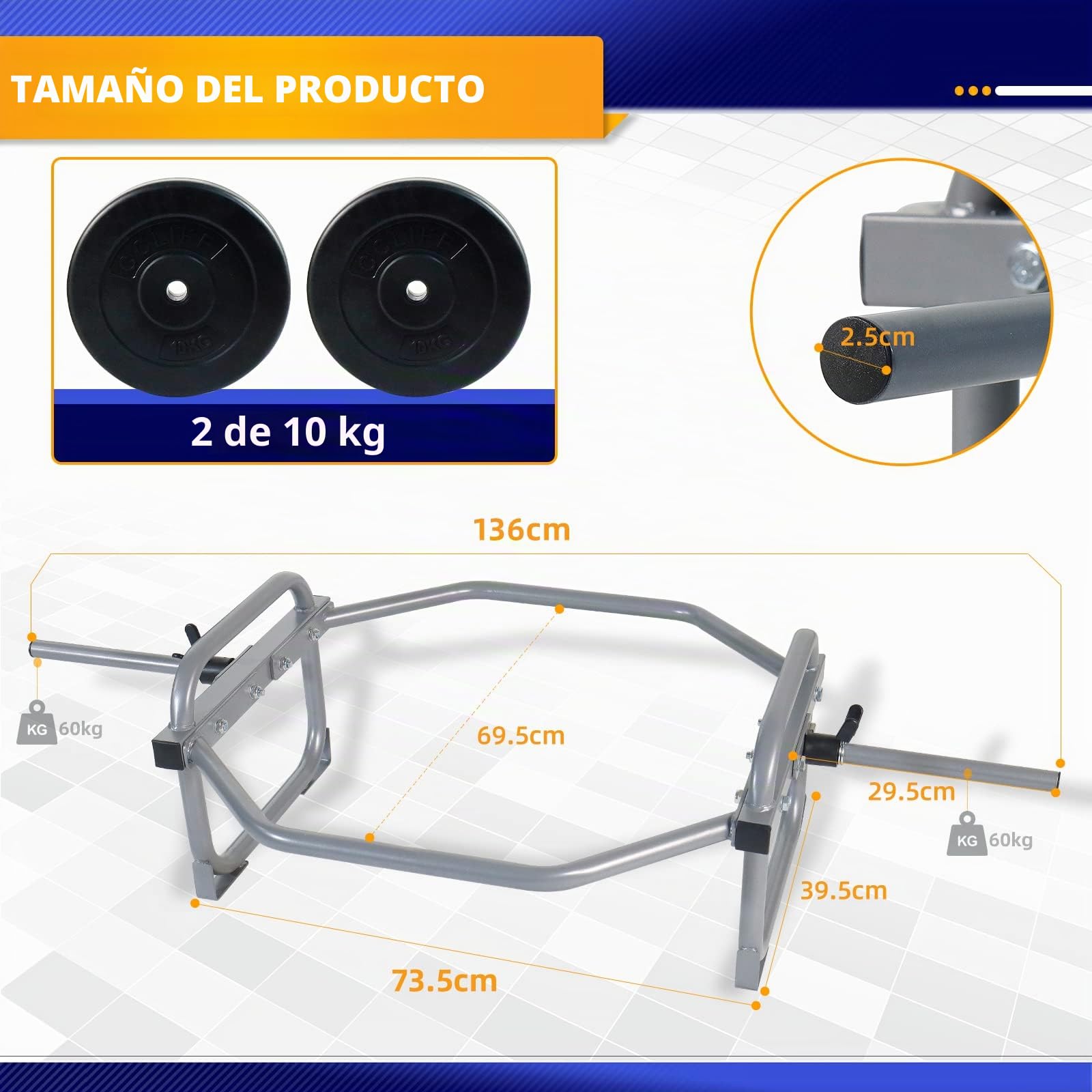 ZERRO Barra Hexagonal, Hex Bar, Peso Muerto, Barra para Pesas, Deadlift Bar,2x10kg Discos de Pesas, 2 Cierres de Resorte, MAX 120 kg del tubo 25 mm