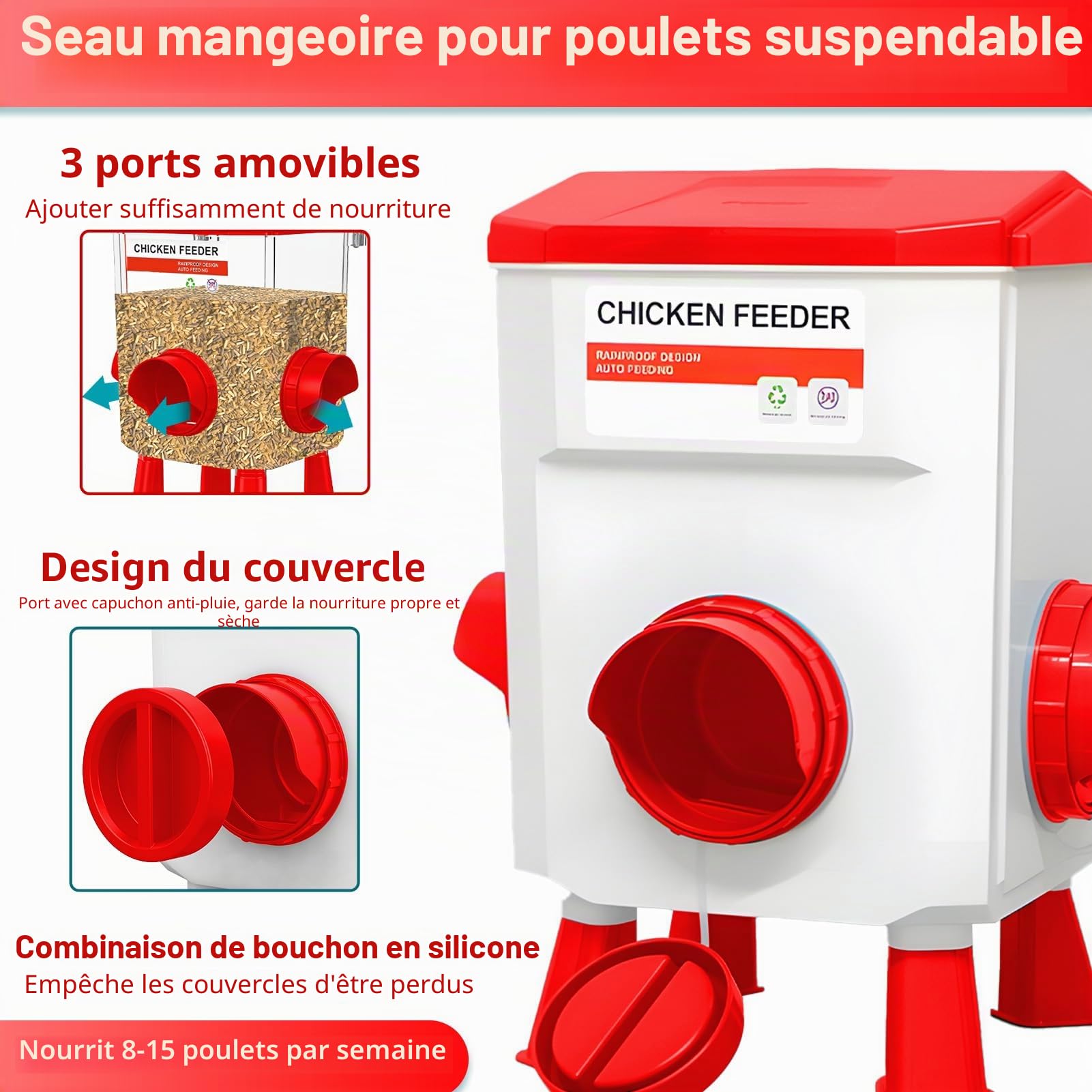 Mangeoire Poules Anti Nuisible Poule, 12kg Mangeoire et Abreuvoir 11L pour Poulet, Sans Déchets et Abreuvoirs à Volaille, Jusqu'à 20 poussins et 12 poulets Adultes