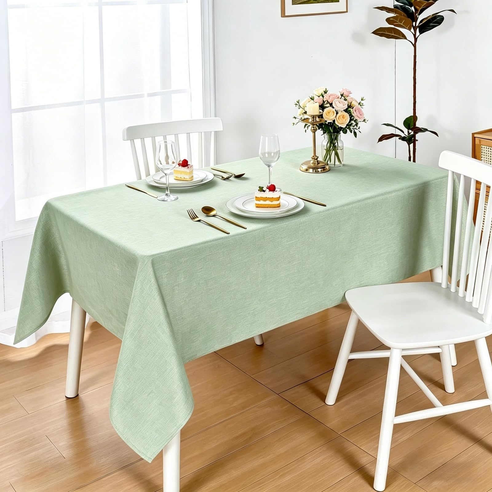 Mantel Rectangular Lino 70 x 440 cm Impermeable y Lavable Manchas Mantel Durabilidad y Fácil Limpieza para Comedor, Cocina, Cumpleaños, Festivos, Fiesta, Picnic, Verde Claro