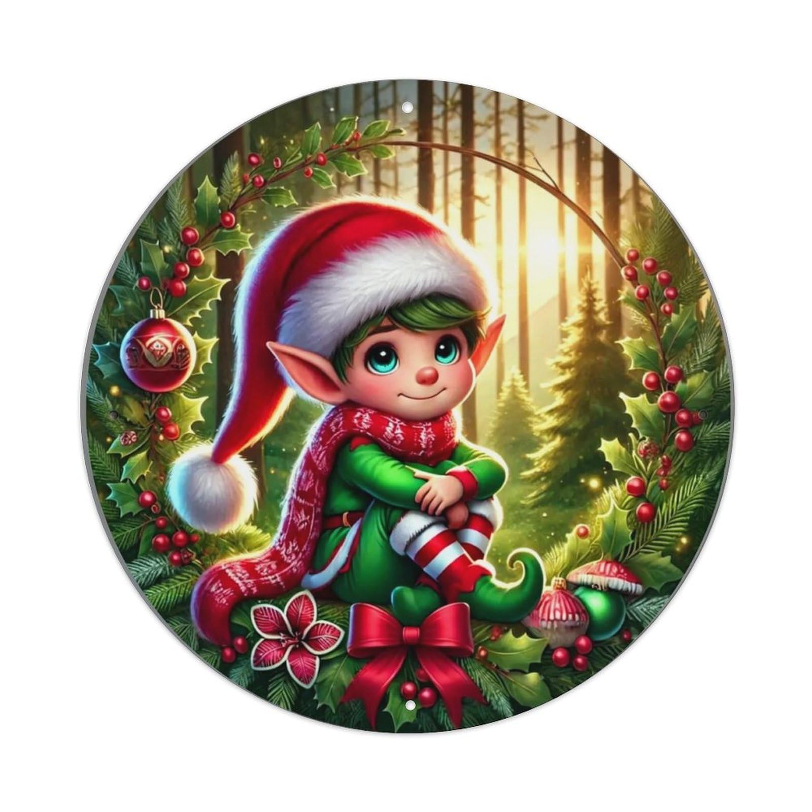 Christmas Elf Forest Holiday Scene Round Metal Tin Sign Vintage Wall Decor, Bar Garage Cafe Kitchen Home Wall Art Poster 8x8inches