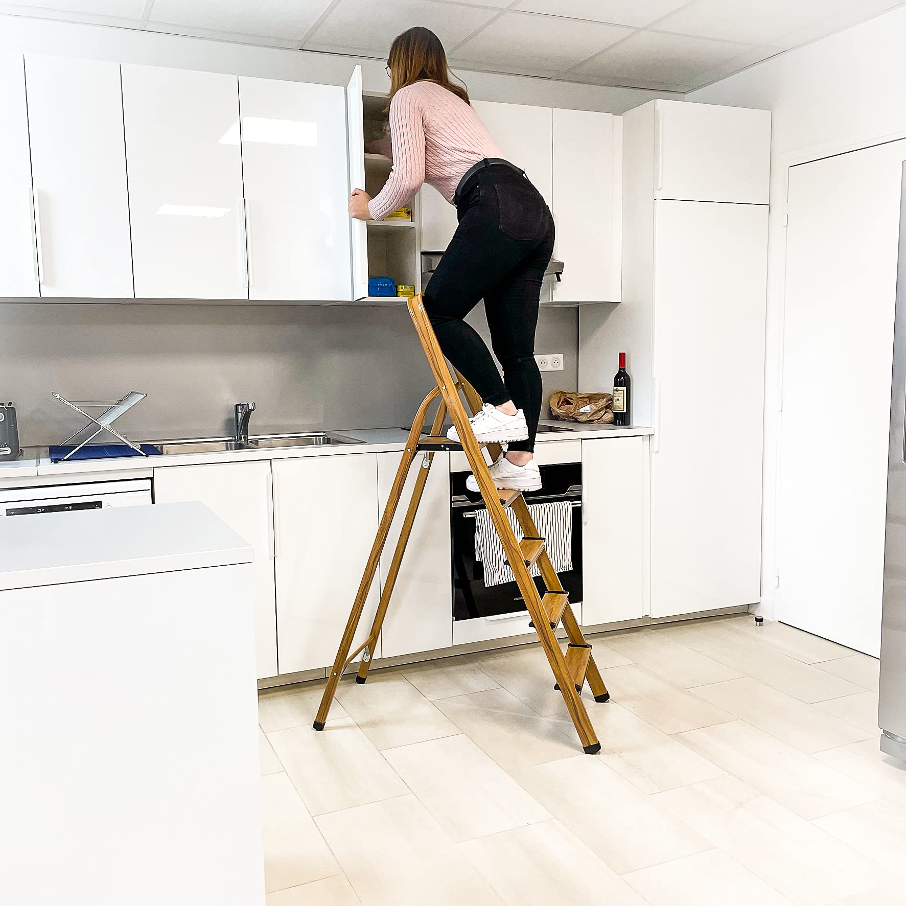 KELI - Escabeau Domestique, Marchepied, Fabriqué en Aluminium Finition Bois (Chêne Naturel) (5 Marches (Hauteur de Travail 2,47))
