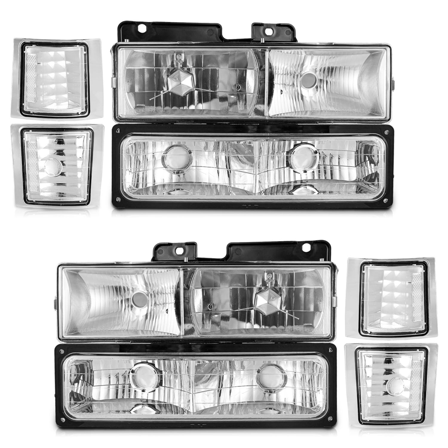 WEELMOTO Headlights Compatible with 1994-1998 Chevy C10 C/K 1500/2500/3500 Silverado Tahoe Suburban | 92-94 Blazer Headlamp Assembly with Corner & Bumper Light Chrome Housing Clear Reflector