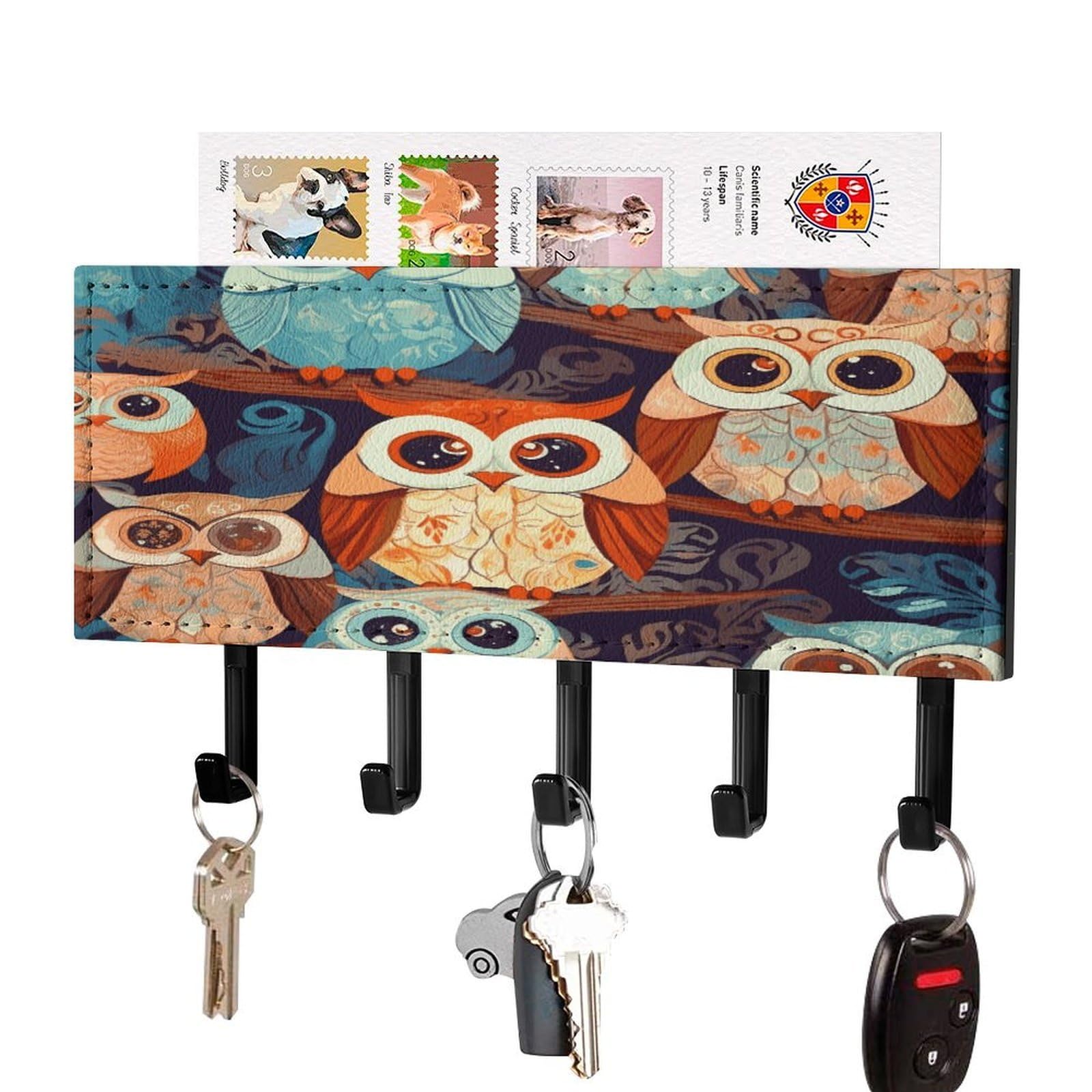 Fodpand Black-Style Anime Owl Key Holder For Wall Mount Key Hooks Key Rack With Self Adhesive Pu Key Hanger Personalized Key Organizer Rack With 5 Hooks For Hallway Door Entryway