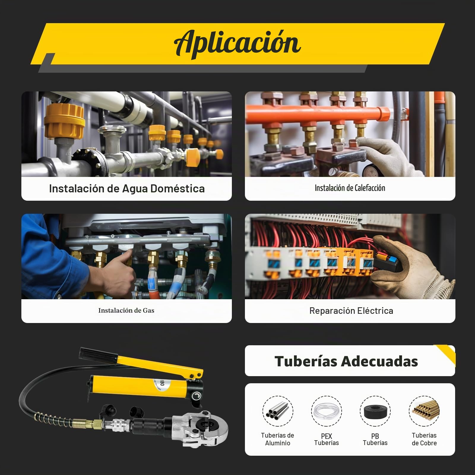 Alicates de presión hidráulica, tubo de cobre y tubo compuesto, alicates de prensado de tubos giratorios de 360° con contorno en V y contorno TH. Contenido del envío: accesorios V12, V15, V18, V22