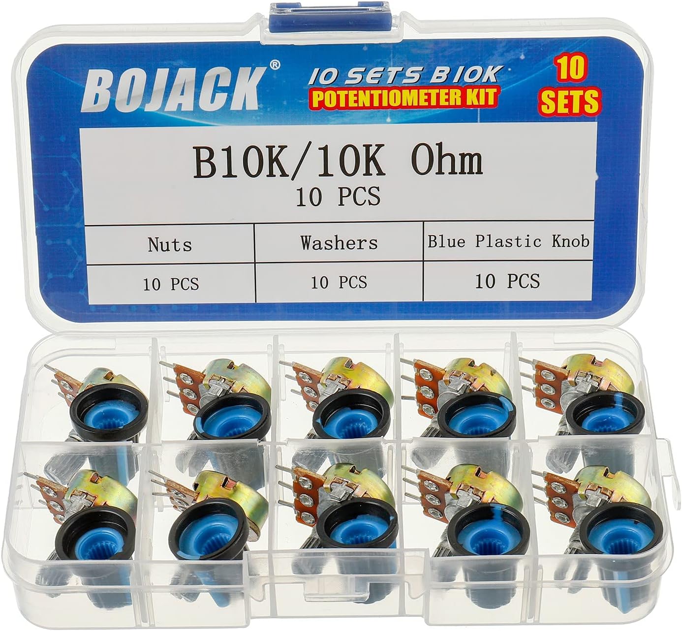 BOJACK 10 Sets B10K Knurled Shaft 3 Terminals Linear Taper Rotary Potentiometer(WH148)10K Ohm Single Turn Carbon Film Variable Resistor with Blue Plastic Knobs Kit