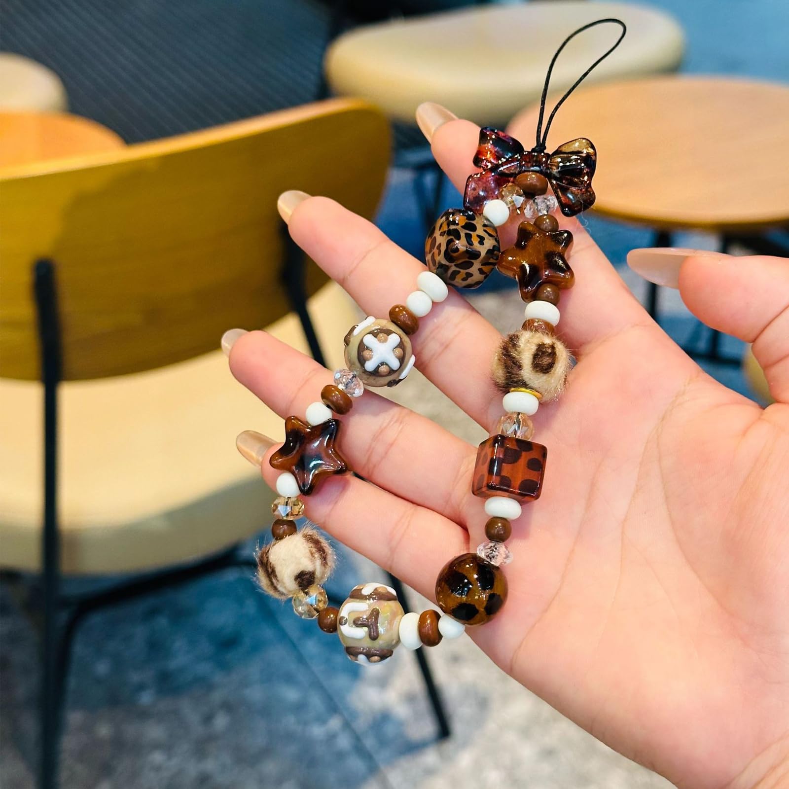 Leopard Print Phone Charm with Beaded Design,Y2K Star Phone Charms Accessories with Bow Detail for Bag Keychain Camera — view 2