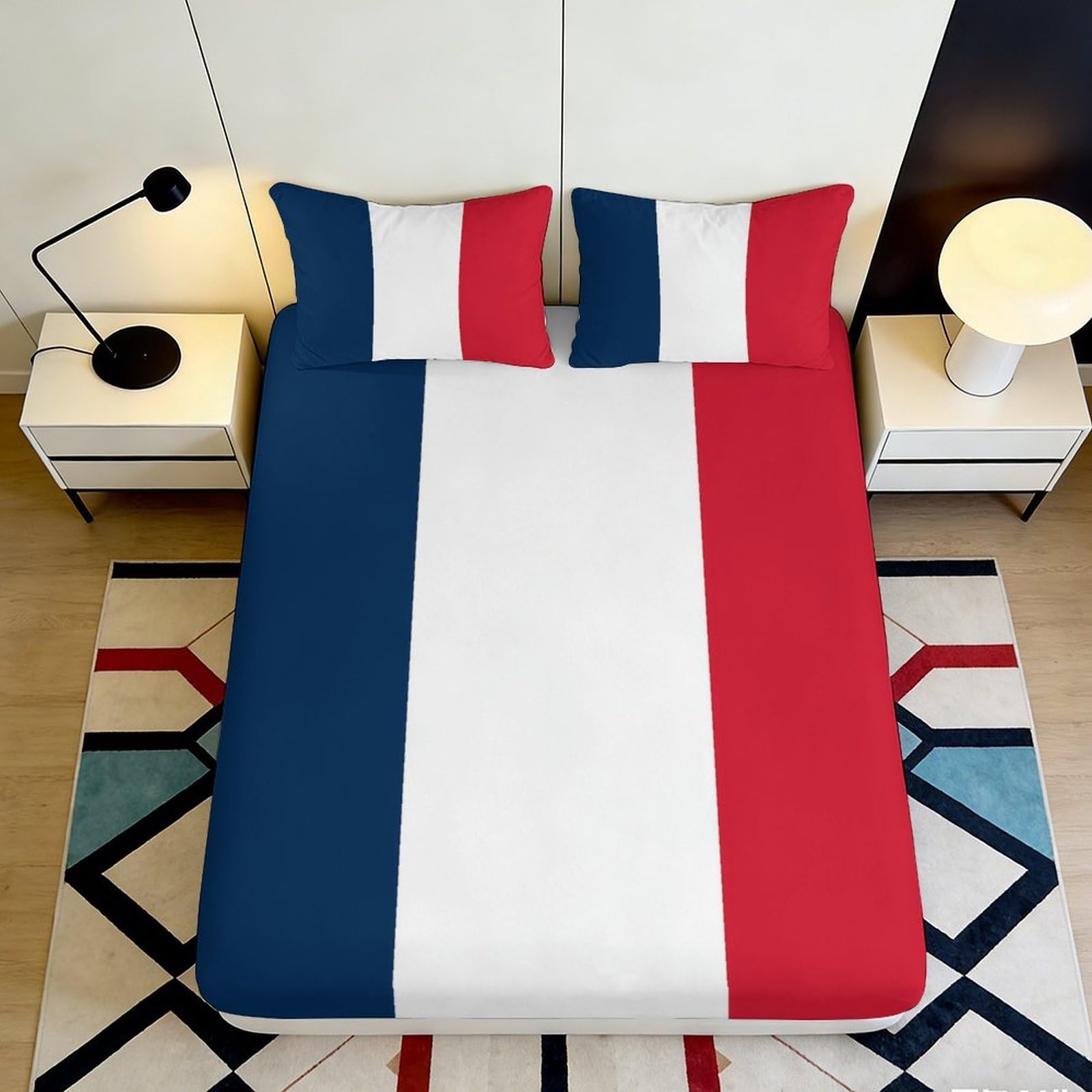 3D Printed French Flag Fitted Sheet Microfiber Deep Pocket Elastic Hem French Flag Mattress Fitted Cover Bedroom Bedding for Home 140x200x25cm