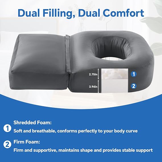 HOMBYS Extra Long BBL Pillow After Surgery for Sleeping & Sitting, Brazilian Butt Lift Pillow with Extended Back Support, BBL Chair with Hole, Mixed Filling (High-Density Foam + Soft Shredded Fill)