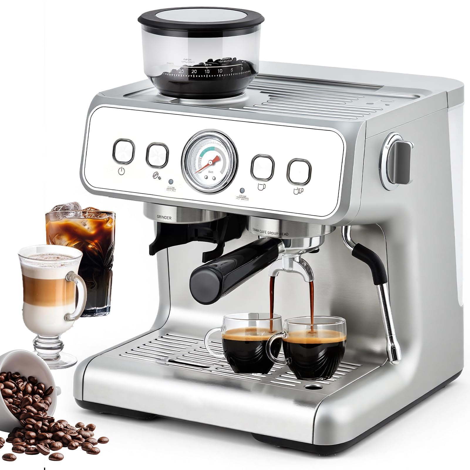 Machine à café semi-automatique inox – Broyeur intégré 30 niveaux – Pompe 20 bars – Buse vapeur lait – Réservoir amovible 2,8L – Manomètre – Nettoyage facile – Finition argentée
