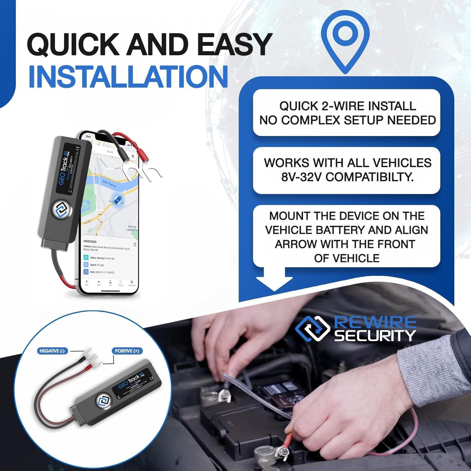 REWIRE SECURITY Geo Track Mini 4G GPS Tracker for Vehicles – Real-Time Vehicle Tracking Device for Car, Van, Motorhome | Easy Battery Install | Live App Tracking | 4G Fleet Tracking | Free Trial