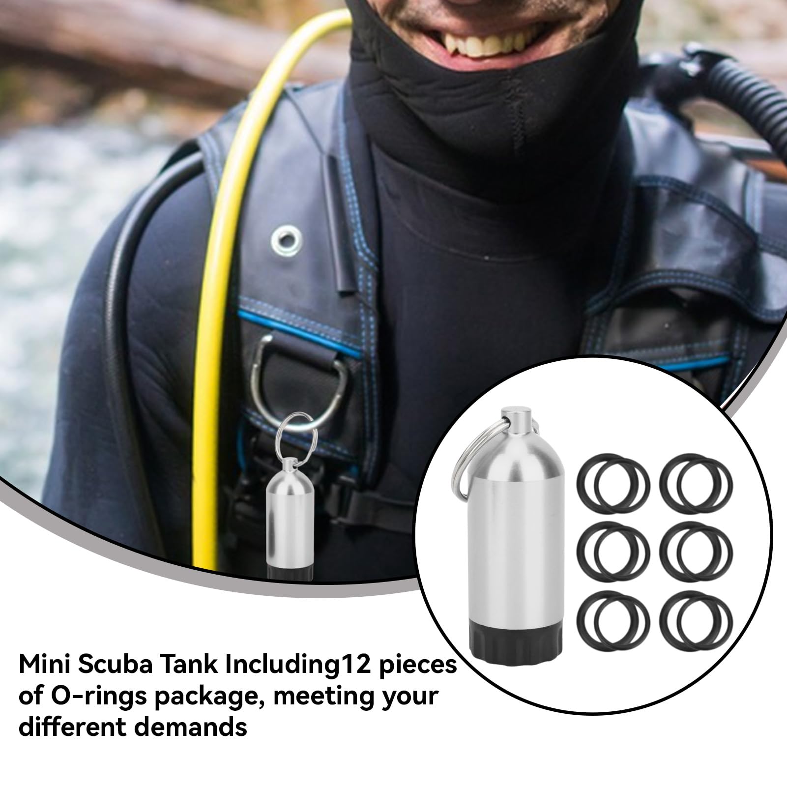 HERCHR Scuba Diving Tank, Mini Tank Key Ring Diving Cylinder Valve with O-Rings Dive Kit Tank Keychain Scuba Tank O Rings Diving Accessories Scuba Diving Tank Mini Scuba Tank Kit(Silver)