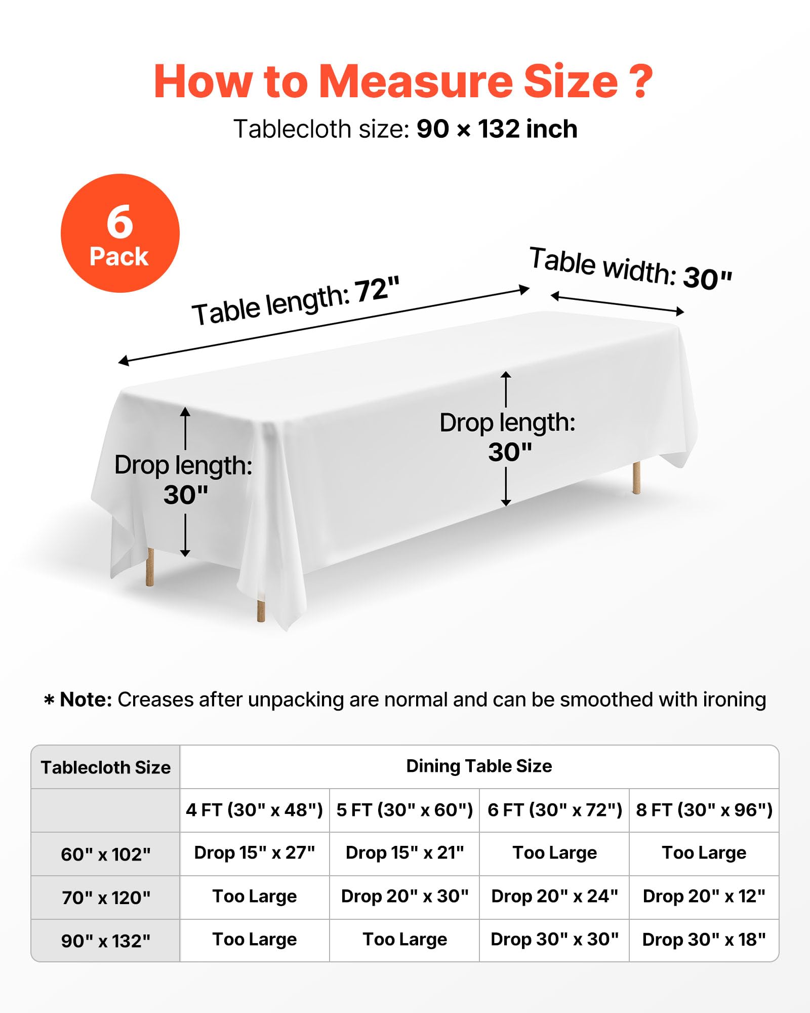 VEVOR Nappe rectangulaire Blanche, 2286 x 3353 mm, Couverture de Table en Polyester Infroissable, Lot de 6, résistante à la déchirure et l'effilochage, Lavable en Machine, pour Mariage, fête, Banquet