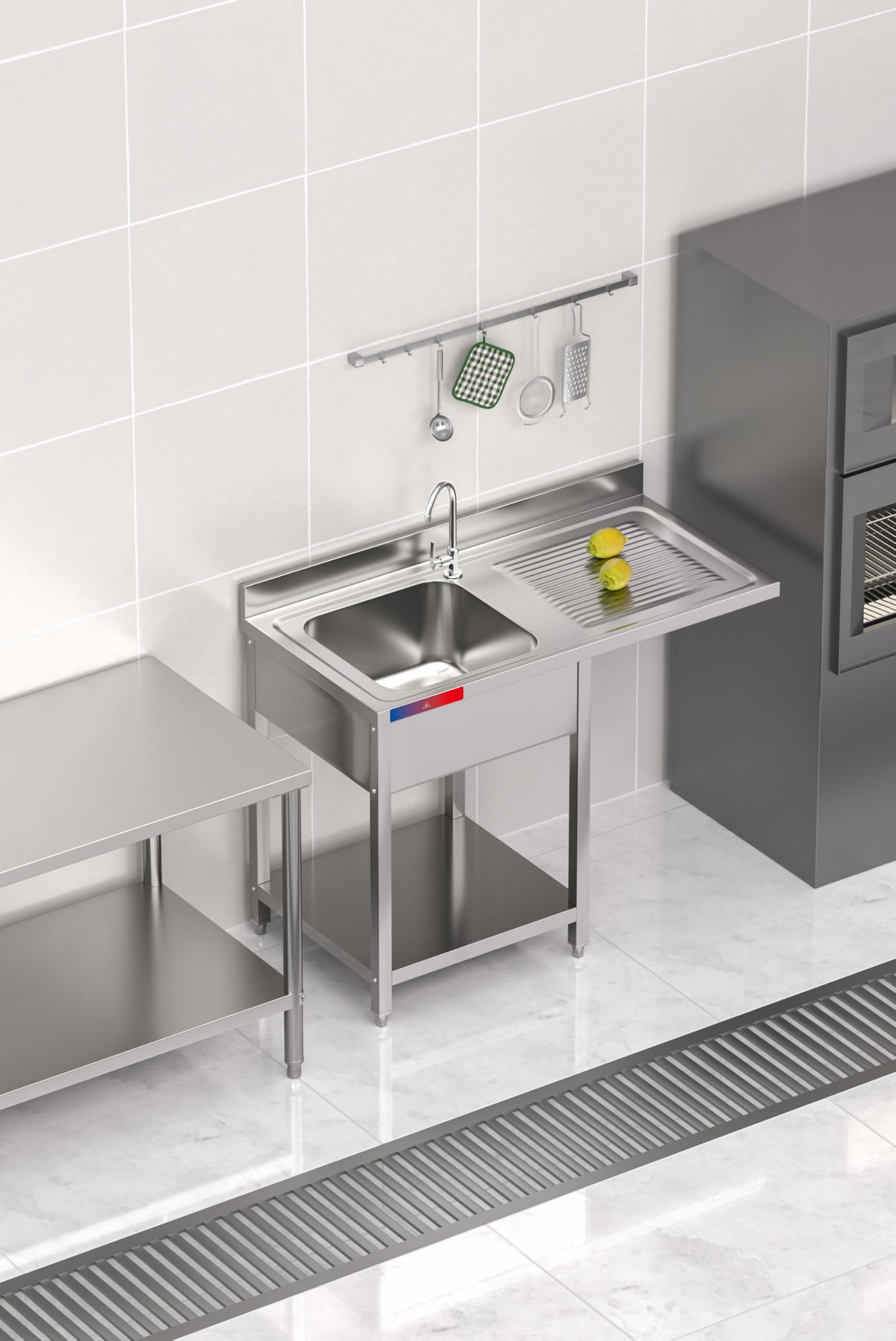 Fregadero Industrial con Hueco para Lavavasos en Acero Inoxidable | 1 Seno con Escurridor | 1200x600x850mm | Balda inferior, Peto Sanitario y Patas Regulables, Ideal Hostelería y Restauración