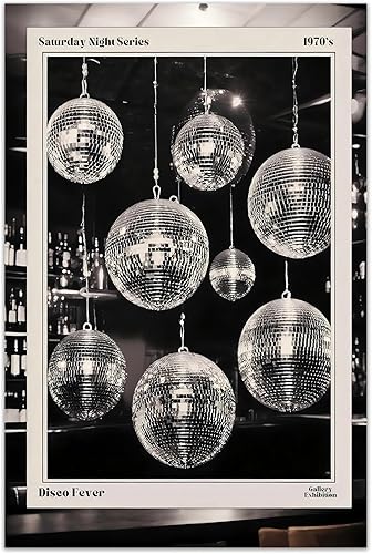 Quendarlix Arte de pared de periódico de bola de discoteca de los años 70, pósteres vintage en blanco y negro, impresiones estéticas en lienzo retro