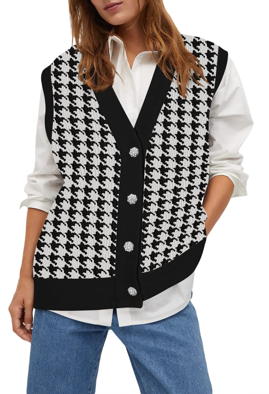 Womens Oversized Houndstooth Sweater Vest V Neck Button Sleeveless