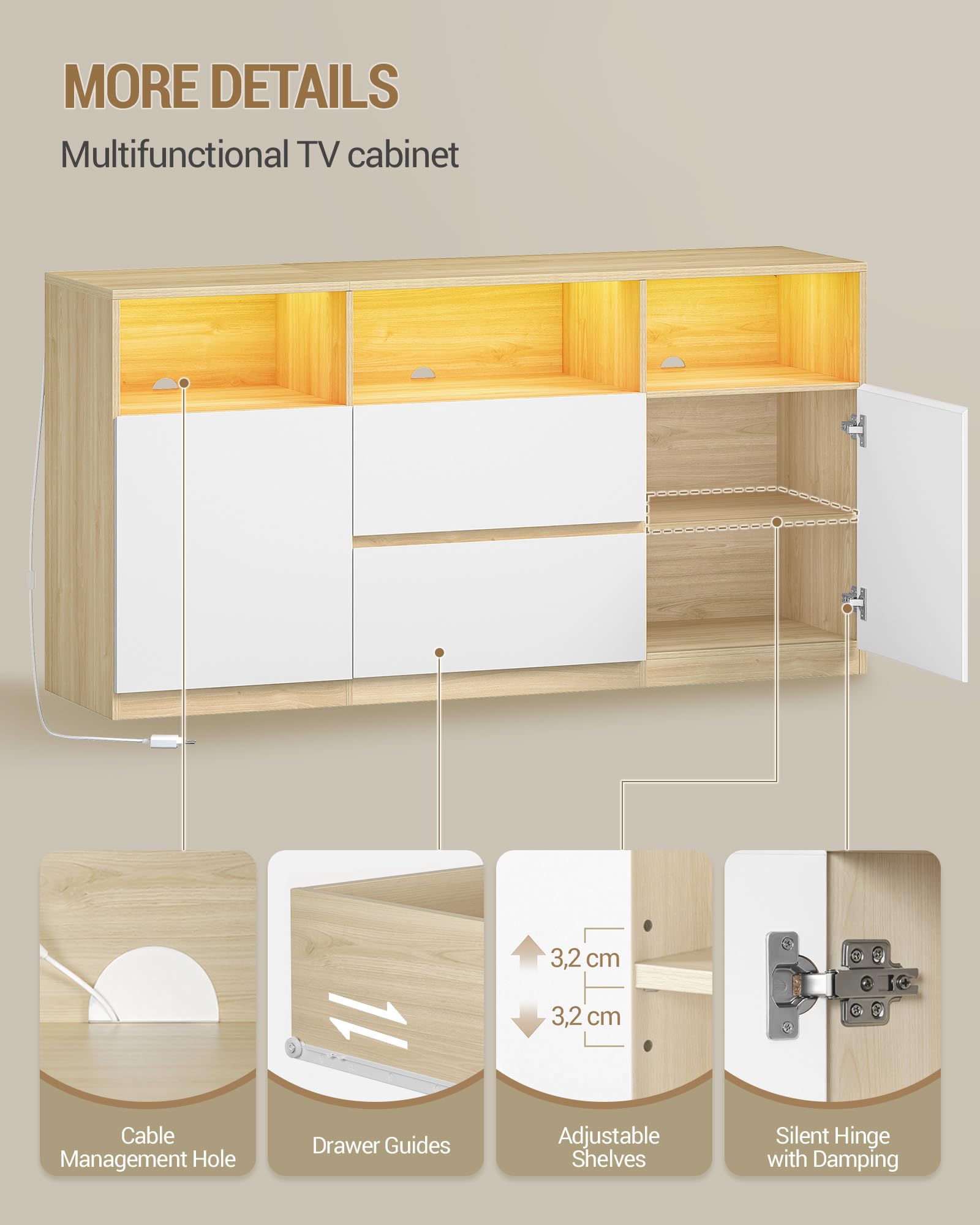 Hzuaneri Meuble TV avec LED RGB, 147 x 40 x 76 cm, Blanc et Chêne