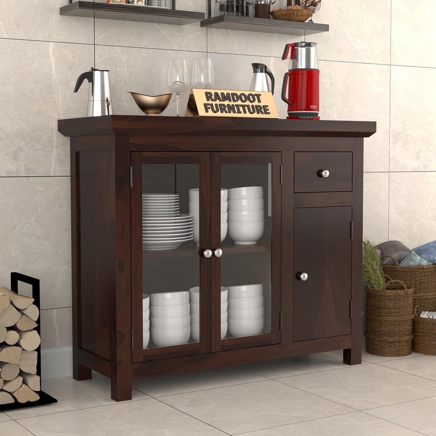 Solid Sheesham Wood Sideboard Cabinet for Living Room Wooden Storage Cabinet with 2 Mirror Doors Drawer and Cabinet Sideboard Cabinet for Home and Hallway Elegant Rosewood Finish (C-Walnut)-image-28