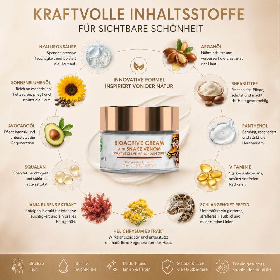 Green idea Schlangengift Gesichtscreme mit Hyaluron & Arganöl – Peptide Creme Straffende Anti Aging für reife Haut – Feuchtigkeitsspendende Gesichtspflege - Gesicht, Hals & Dekolleté – 50 ml