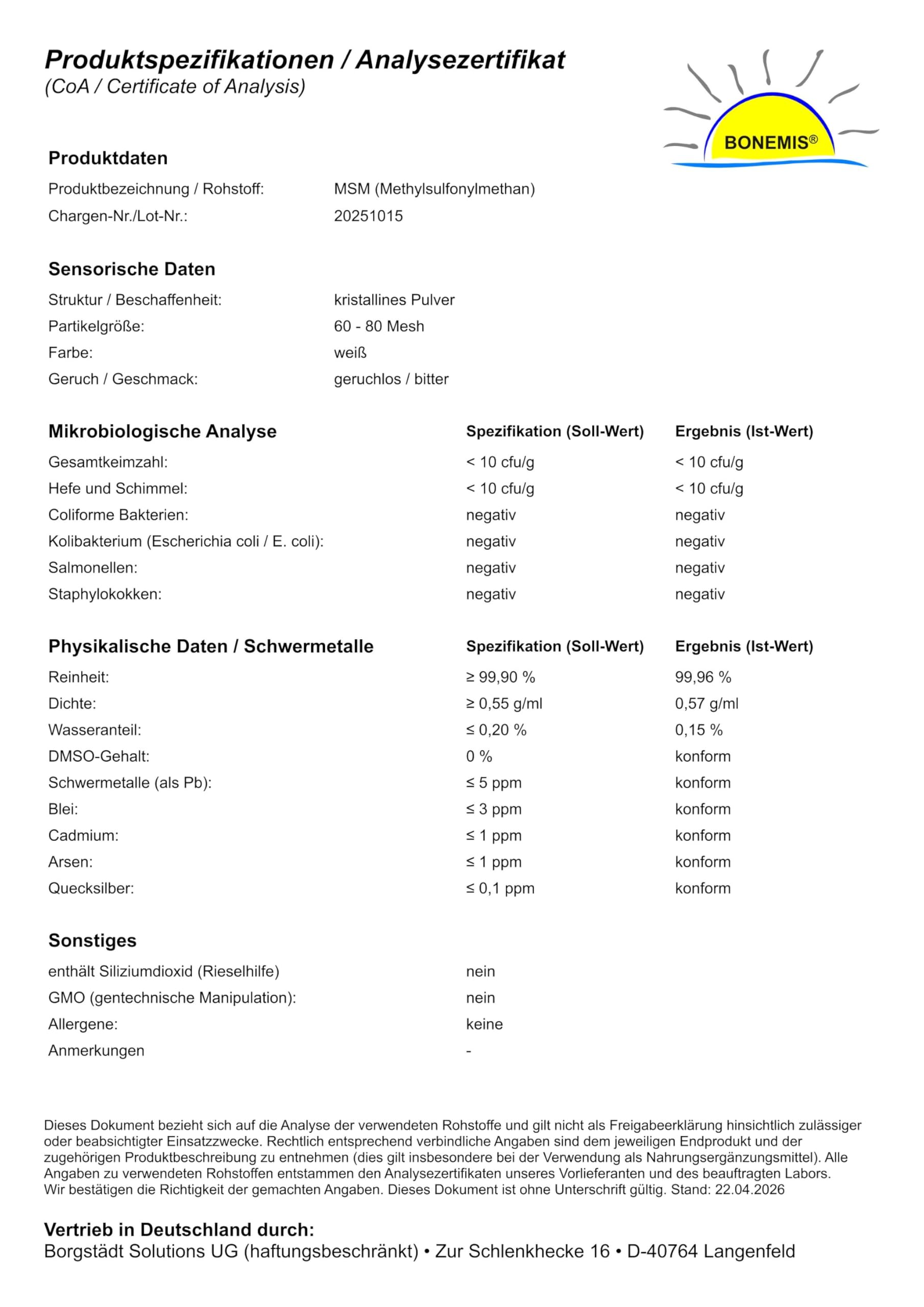 Premium MSM Pulver, 3 kg (3 Beutel à 1 kg), 99,96% Reinheitsgrad, 60-80 Mesh, ohne Siliziumdioxid, ohne DMSO-Rückstände