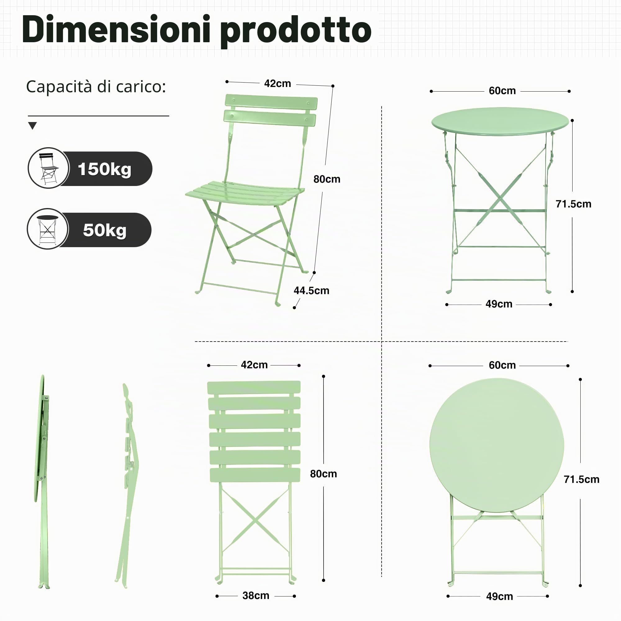 Set di mobili da giardino resistente alle intemperie, set da 3 pezzi, per piccoli balconi, tavolo da bistrot con 2 sedie, set da bistrò, pieghevole, verde