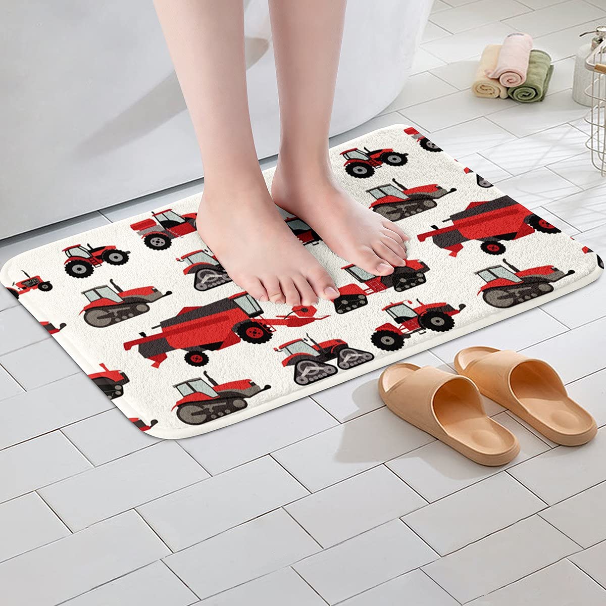 Red Tractor Bathroom Rug Mat Heavy Equipment Non Slip Bath Rug Water Absorbent Kids Boys Harvester Tractor Tub Shower Fleece Bath Carpet Vehicles Entryway Rug for Kitchen/Living Room Decor 16