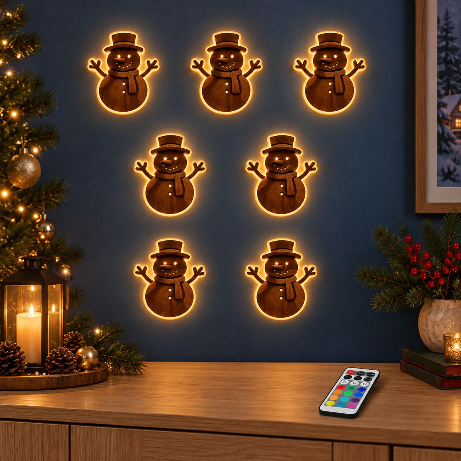 7pcs 3D Light Up Wooden Snowman Christmas Wall Decor with Warm LED