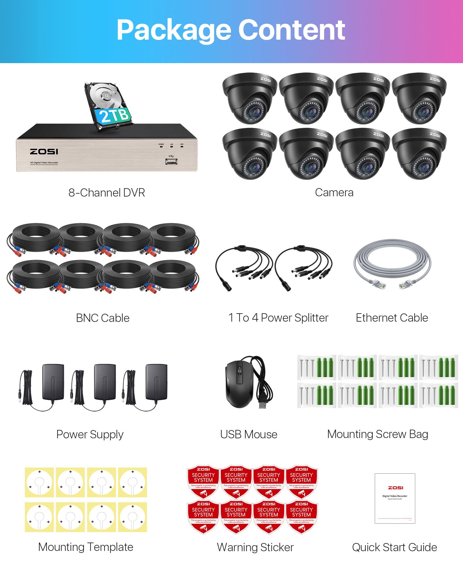 ZOSI 5MP Lite Kit de Cámara de Vigilancia Exterior 8CH 1080P DVR con 2TB Disco Duro