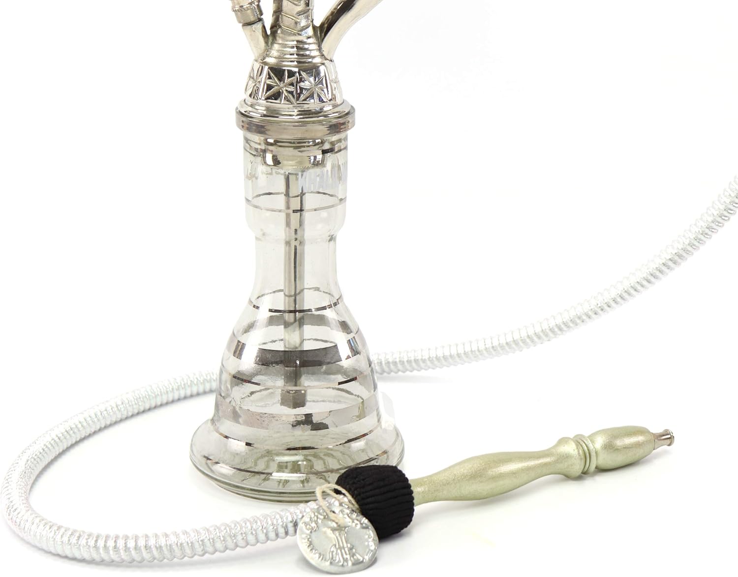 Khalil Mamoon* 1-Hose 20" Egyptian Traditional Handmade Safari Edition: Silver Finish Stem+60" Hose & Clay Bowl Hookah Complete Set Shisha Nargila (Made in Egypt)