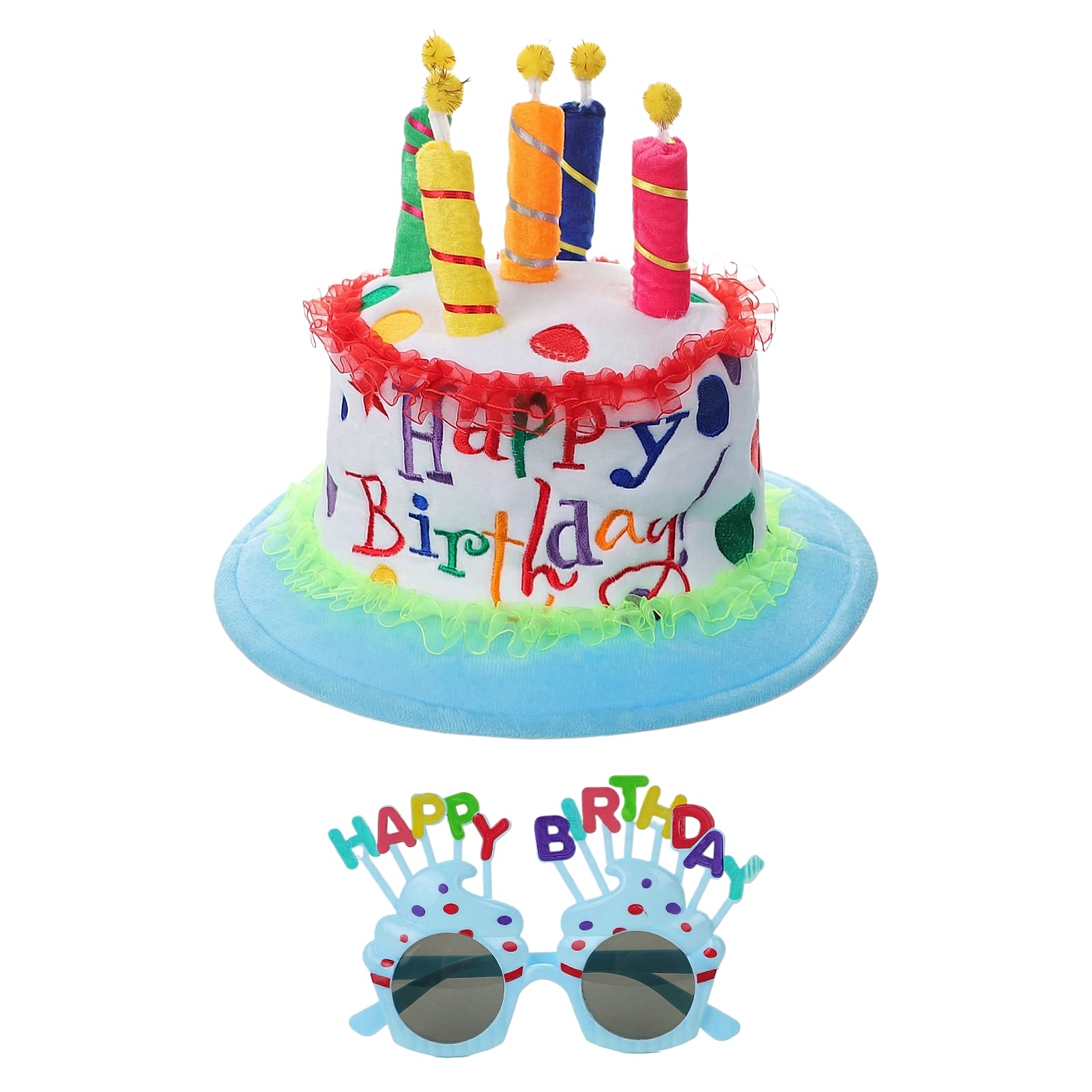 Faxianther Funny Happy Birthday Cake Hat Glasses Set Men Women Cozy Plush Cake Hat Costume Headwear Accessory with Multicolor Candles & Sunglasses for Birthday Party Halloween Cosplay Carnival