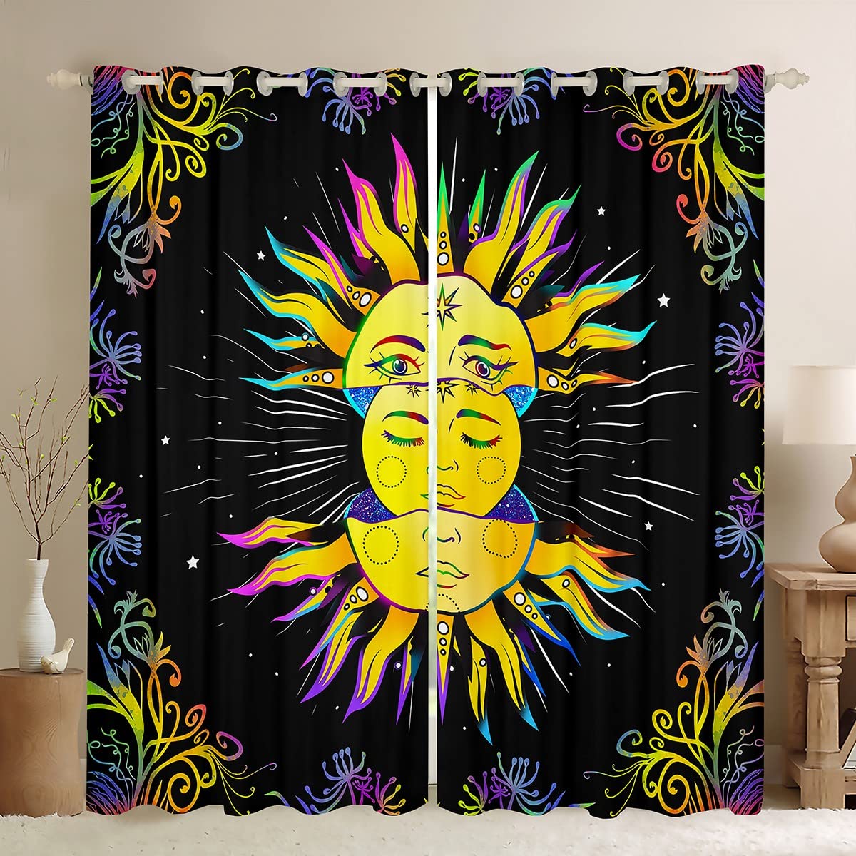 Loussiesd Sun and Moon Curtain Bohemian Blackout Curtainsfor Bedroom Psychedelic Hippie Darkening Window Dreapes Galaxy Astrology Window Treatments W52*L90 — image 1