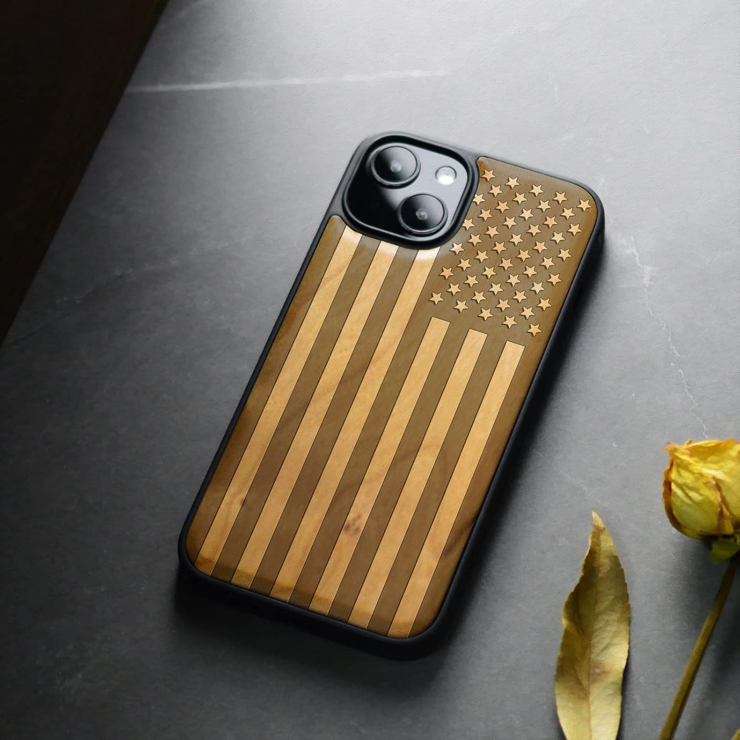 Carveit Magnetic Wood Case for iPhone 13 Case [Hard Real Wood & Soft TPU] Unique & Classy Wooden Shockproof Hybrid Protective Cover Compatible with MagSafe (American Flag-Cherry)