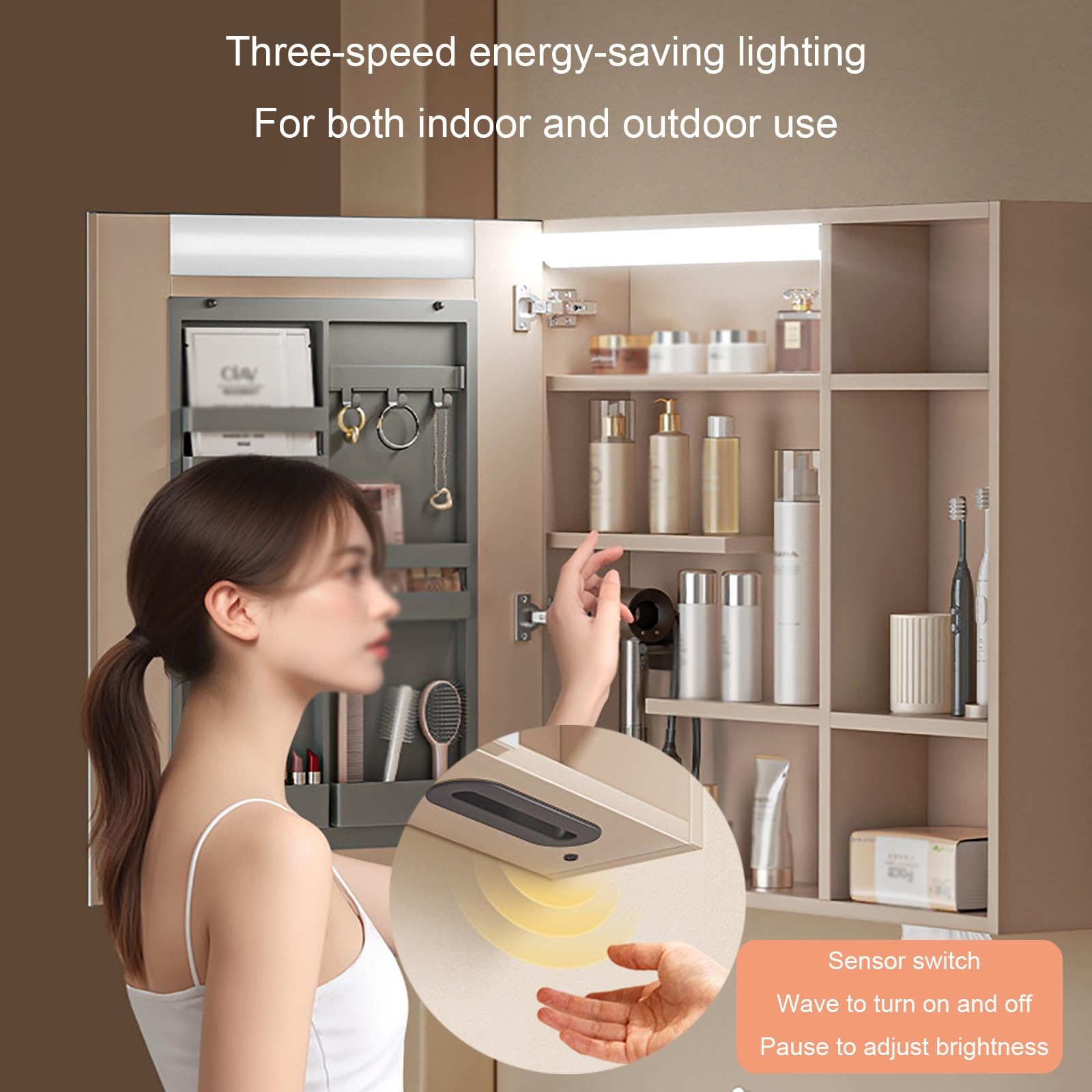 Armario LED con espejo de baño con función antivaho, ahorro de espacio, solución de almacenamiento para baño y lavandería, diseño elegante montado en la pared