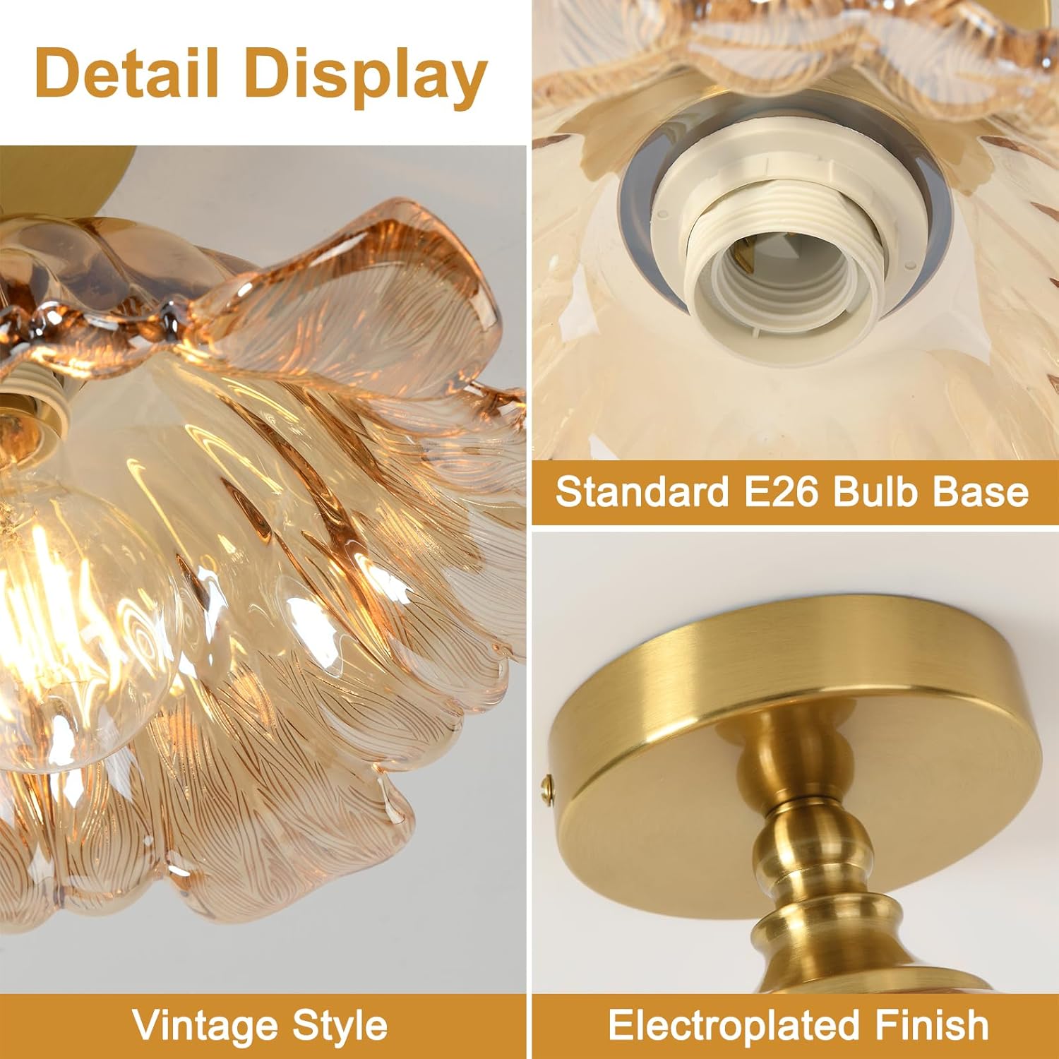 Semi Flush Mount Ceiling Light Fixture, 11in Amber Glass Vintage Light Fixtures Ceiling for Hallway Kitchen Foyer Entryway Bedroom, E26 Base