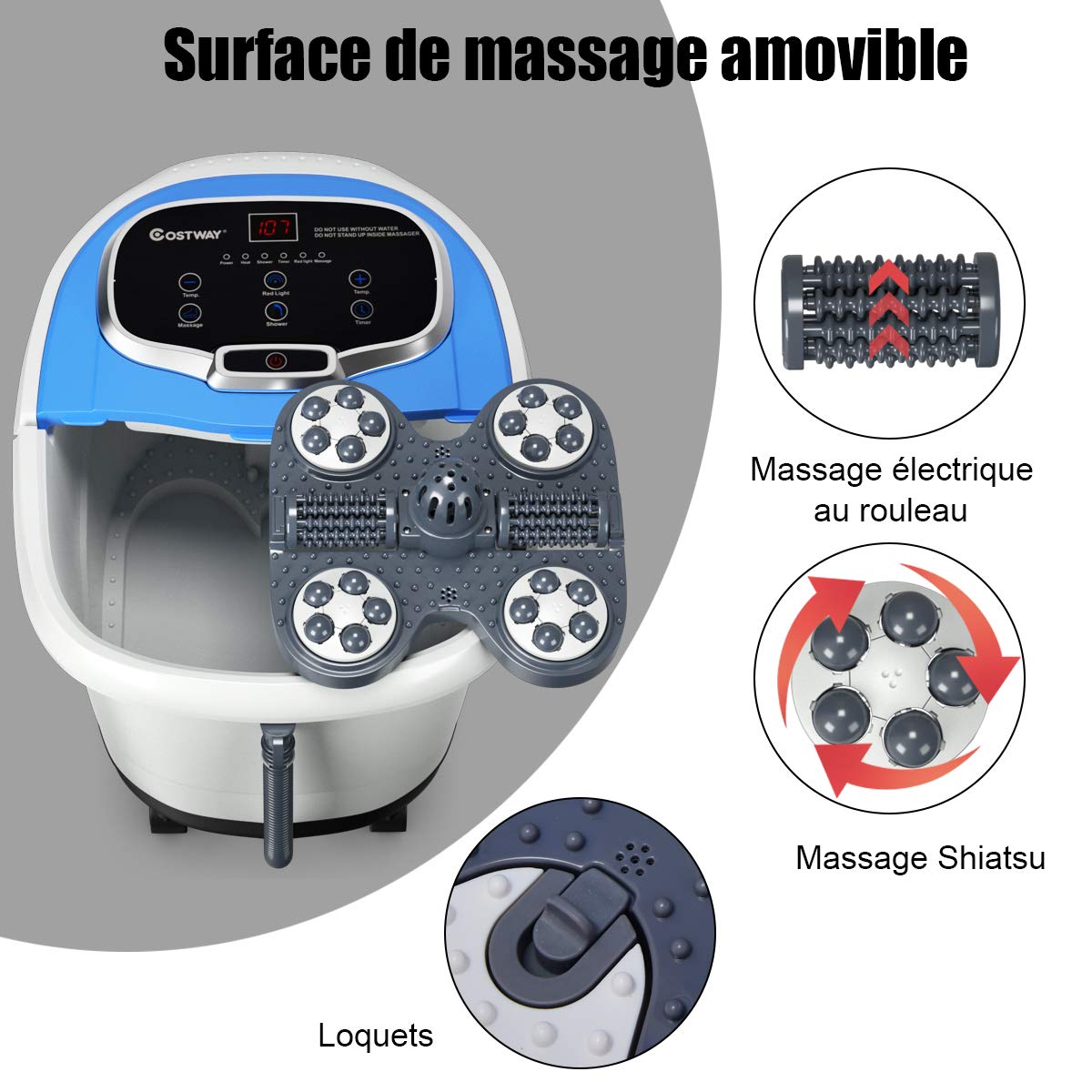 COSTWAY Bain de Pieds 15L avec Ecran LED, 6 Rouleaux de Massage, Masseur de Pieds avec Chaleur Automatique 35℃-48℃, Fonction de Douche et Lumière Rouge (Bleu)