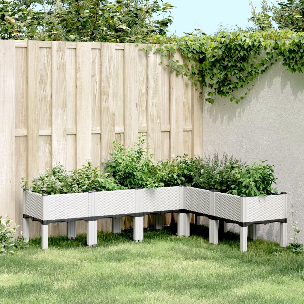 Jardinera con patas color blanco, 160 x 120 x 42 cm, plástico PP, en aspecto de ratán, para jardín, terraza y balcón, gran bancal alto para verduras, flores y plantas trepadoras